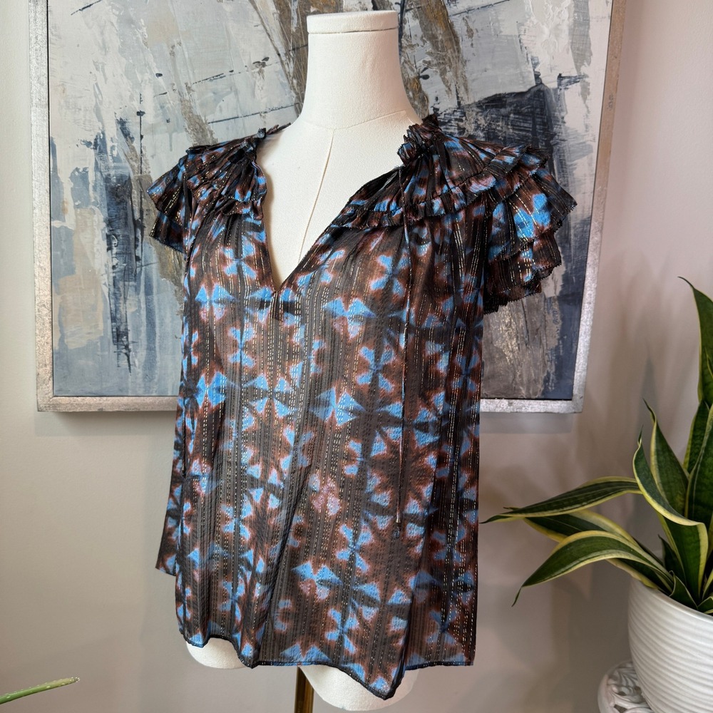 Ulla Johnson Marta Blouse Size 4 Twilight Prism Metallic Flutter Sleeve Silk NWT - Picture 3 of 12